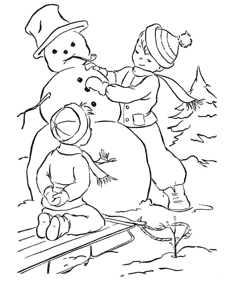Название: Раскраска Лепят снеговика. Категория: зима. Теги: снеговик, мальчики, трубка.