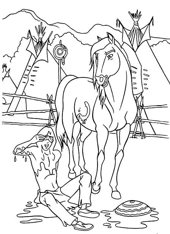 Название: Раскраска Лошадка и индеец. Категория: Животные. Теги: животные, лошади, конь.