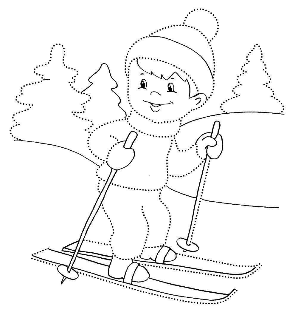 Название: Раскраска Мальчик на лыжах. Категория: контур мальчика. Теги: мальчик, лыжы, зима.