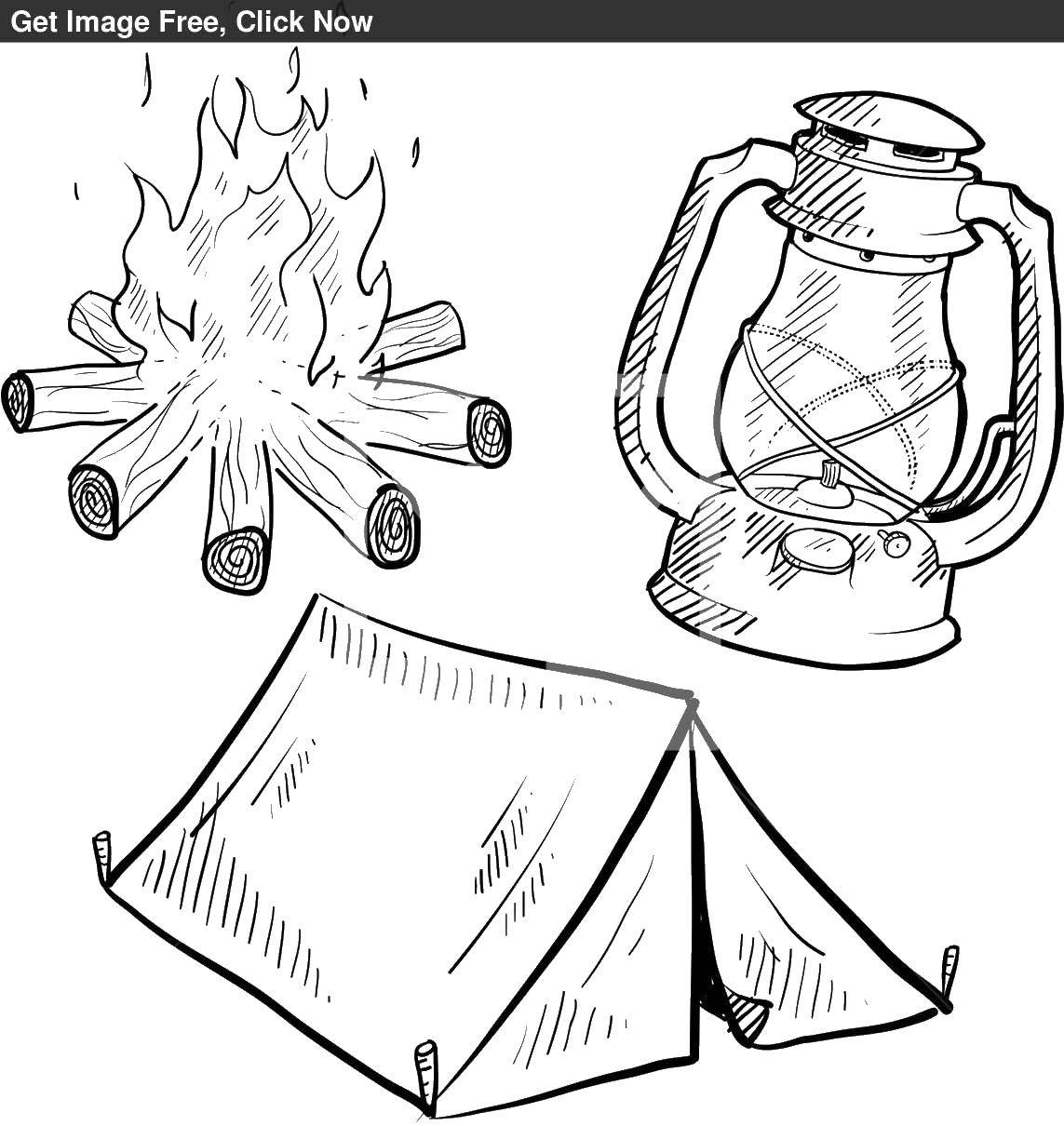 Coloring Items for a hike. Category Camping. Tags:  leisure, camping, tent, campfire.