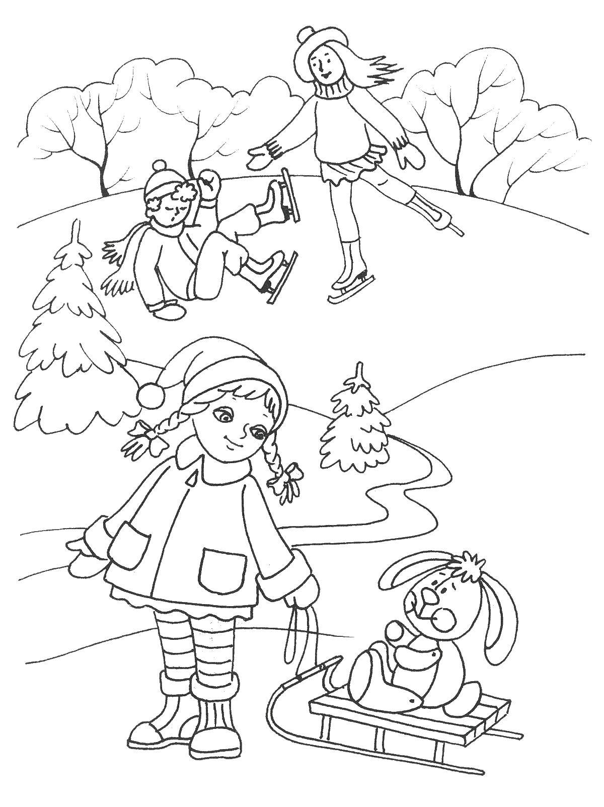 Название: Раскраска Зима играет дети. Категория: раскраски зима. Теги: дети, зима, сани.