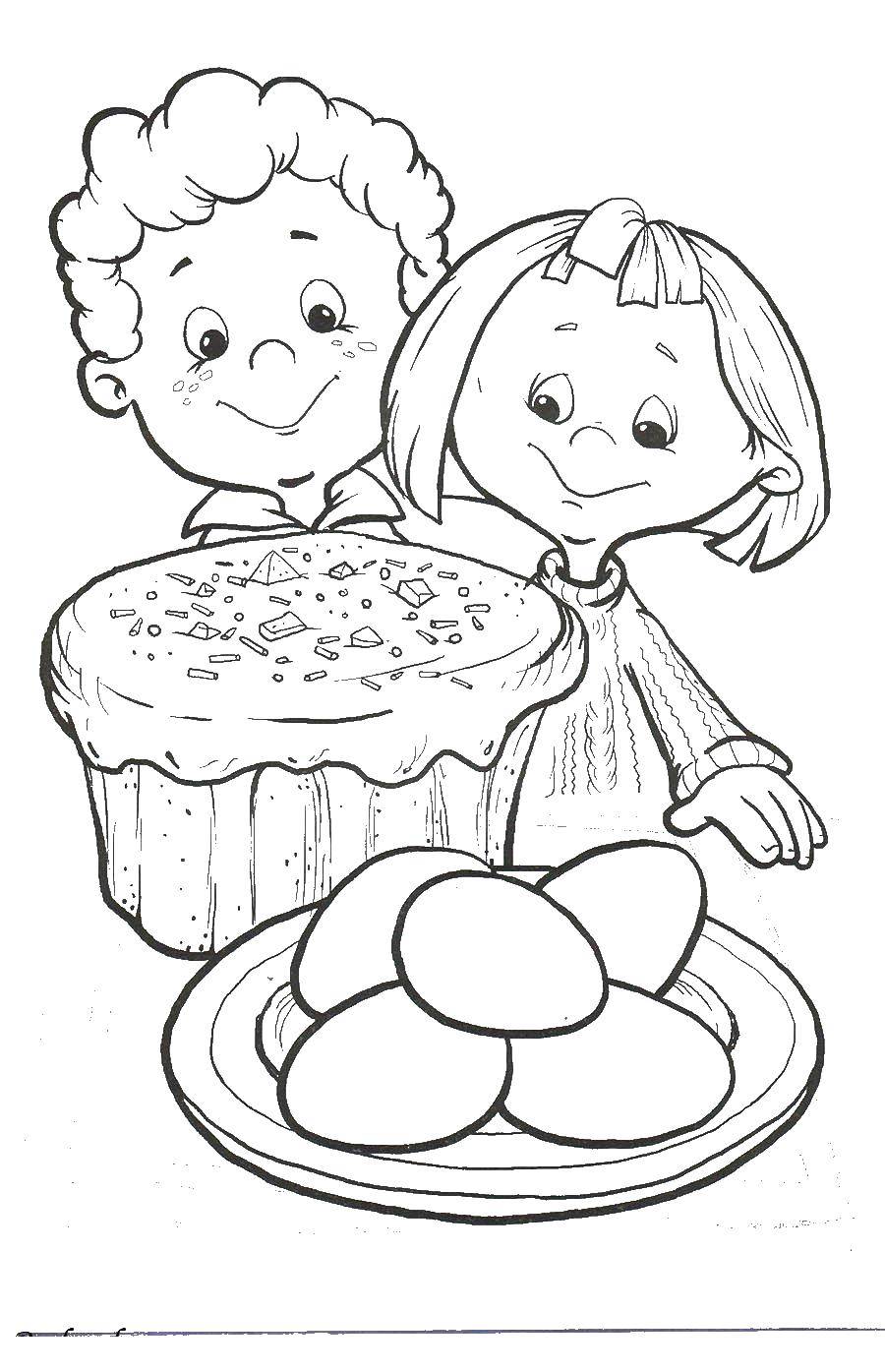 Название: Раскраска Дети и пироги. Категория: дети. Теги: дети, пироги, еда.
