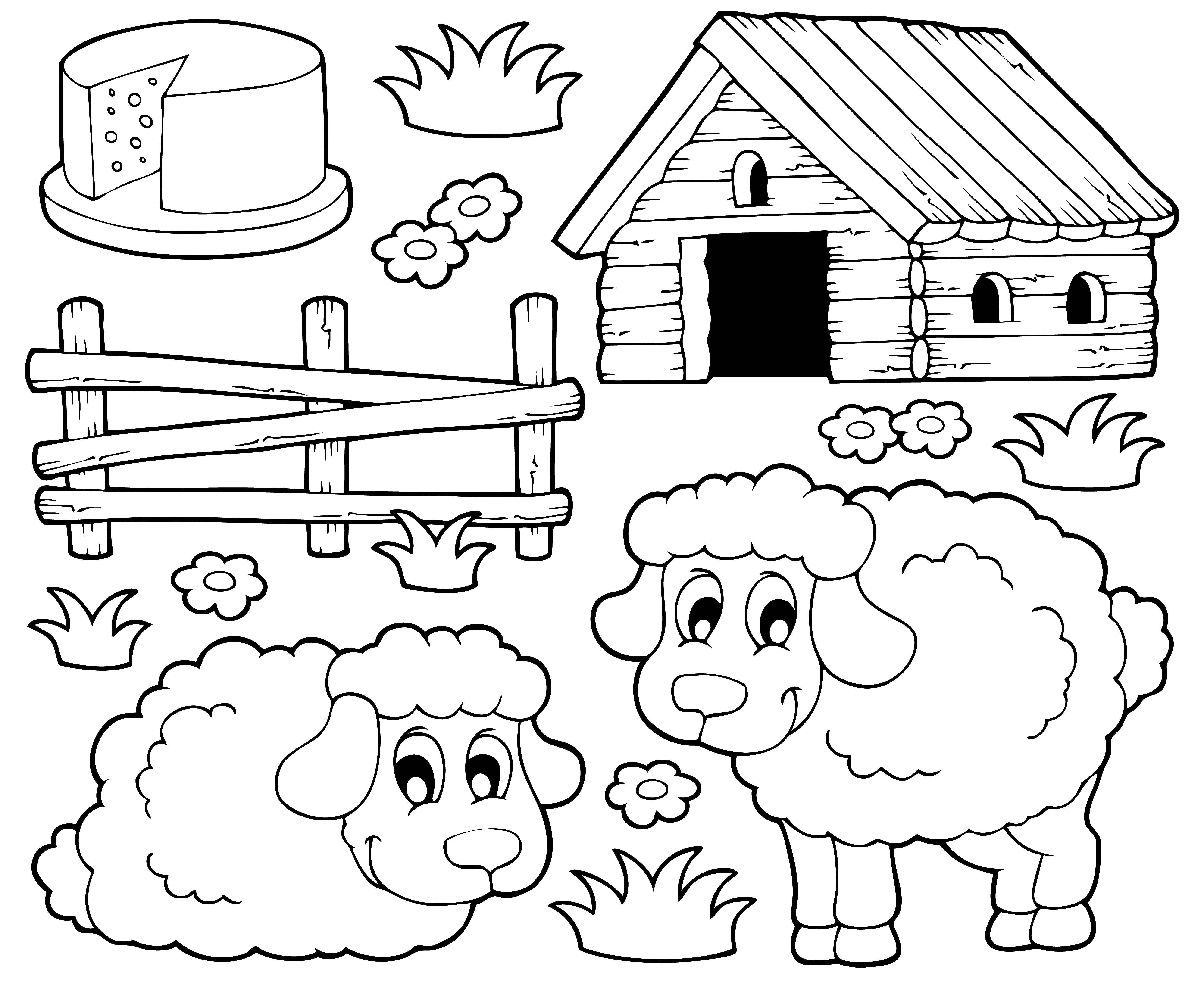 Розмальовки  Овечки у будиночка. Завантажити розмальовку село, худоба, вівці, будиночок.  Роздрукувати ,село,