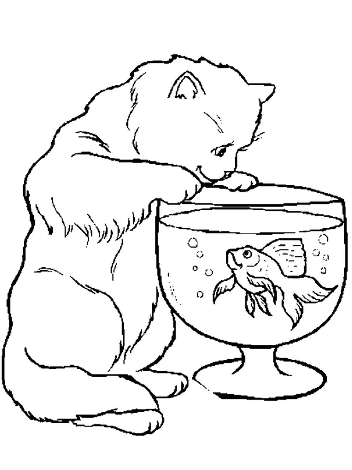 Название: Раскраска Кошка с рыбкой в аквариуме. Категория: домашние животные. Теги: кошка, аквариум, рыба.