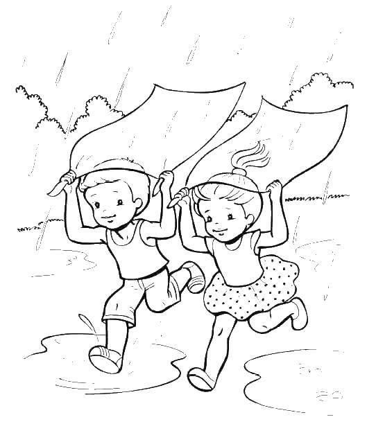 Название: Раскраска Дети под дождем. Категория: дождь. Теги: дождь, дети, капли.