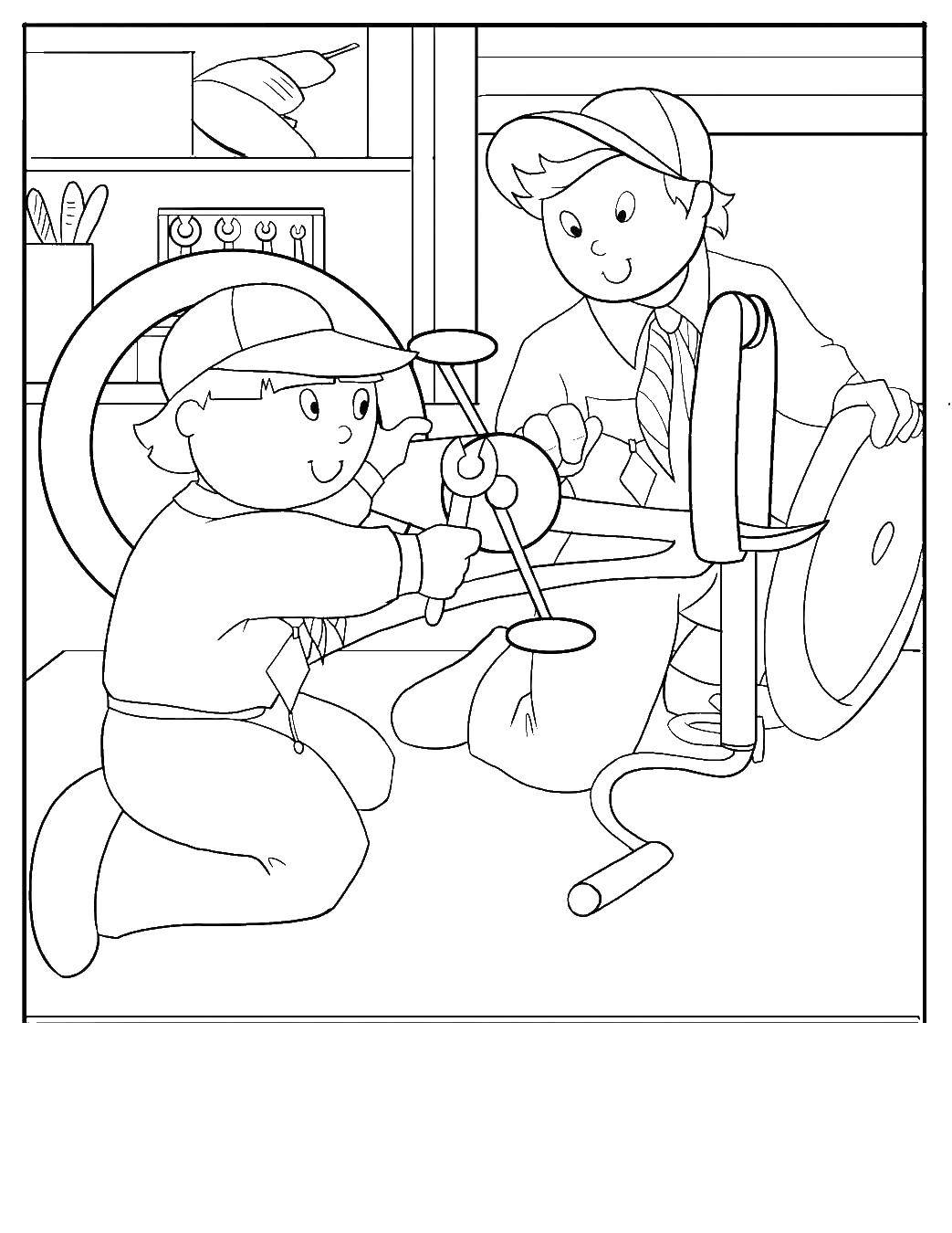 Coloring Boys repairing Bicycle. Category children. Tags:  children, Bicycle.