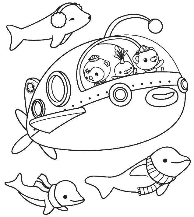 Название: Раскраска Подводная лодка, дельфины. Категория: подводная лодка. Теги: подводная лодка, море, дельфины.