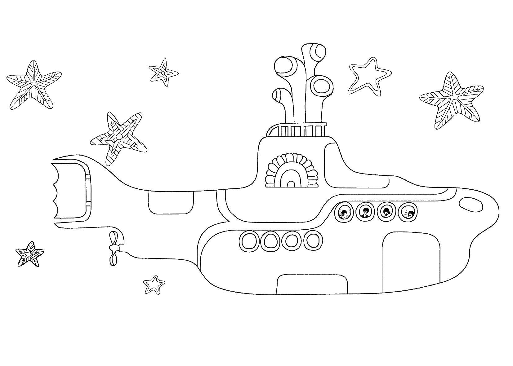 Название: Раскраска Подводная лодка среди морских звезд. Категория: подводная лодка. Теги: подводная лодка, морская звезда.