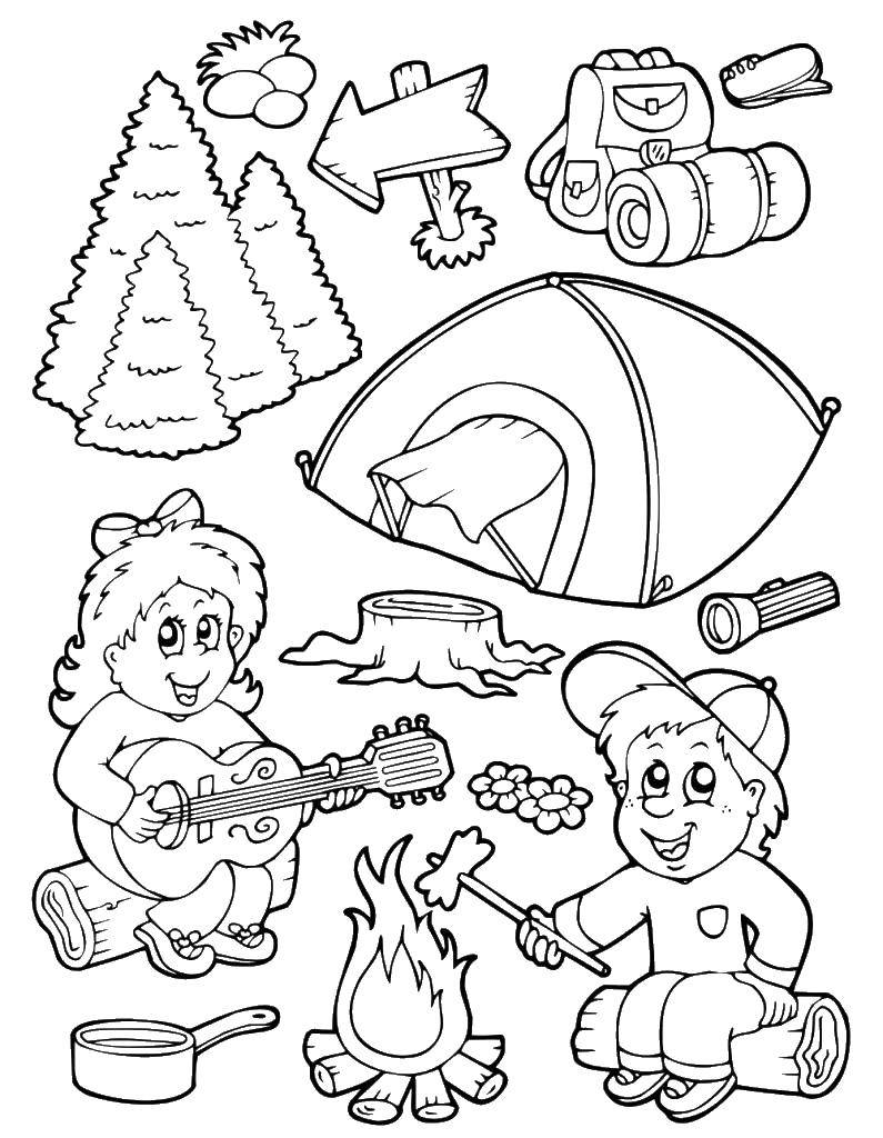Coloring Children in the campaign. Category Camping. Tags:  leisure, nature, camping, tent, campfire.