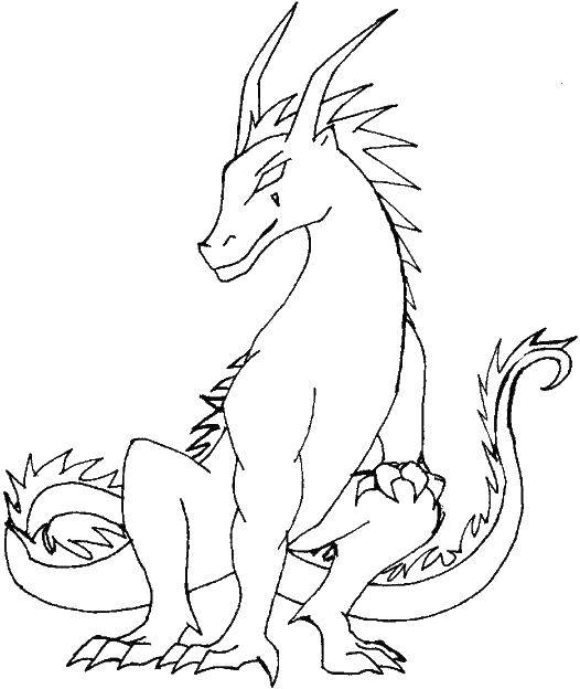Название: Раскраска Дракон с длинным хвостом сидит. Категория: дракон. Теги: дракон.