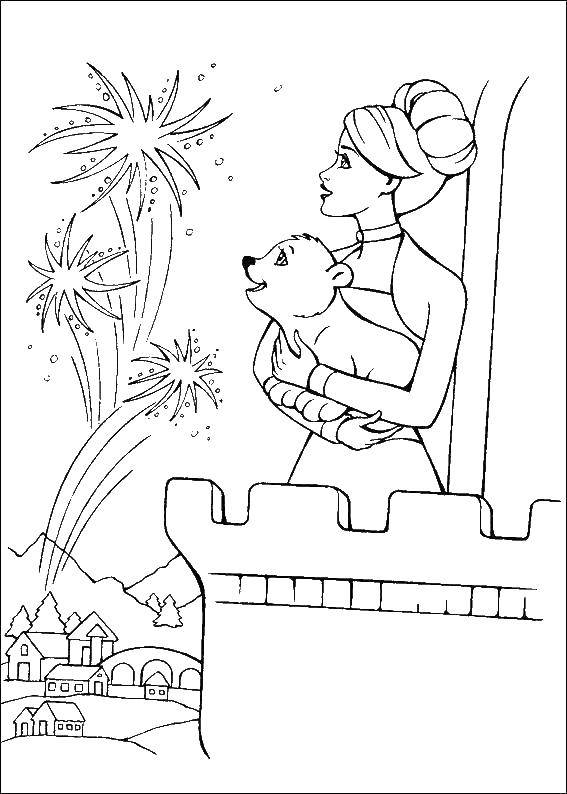 Название: Раскраска Барби с медвежонком смотрят на салюты. Категория: Барби. Теги: Барби, принцесса.