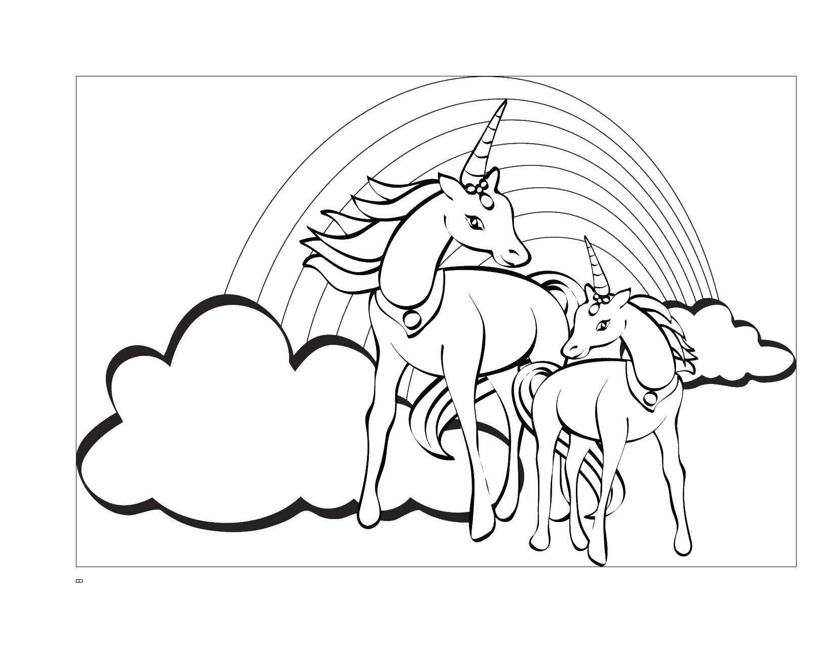 Название: Раскраска Единороги на фоне радуги. Категория: лошади. Теги: лошади, единороги, радуга.