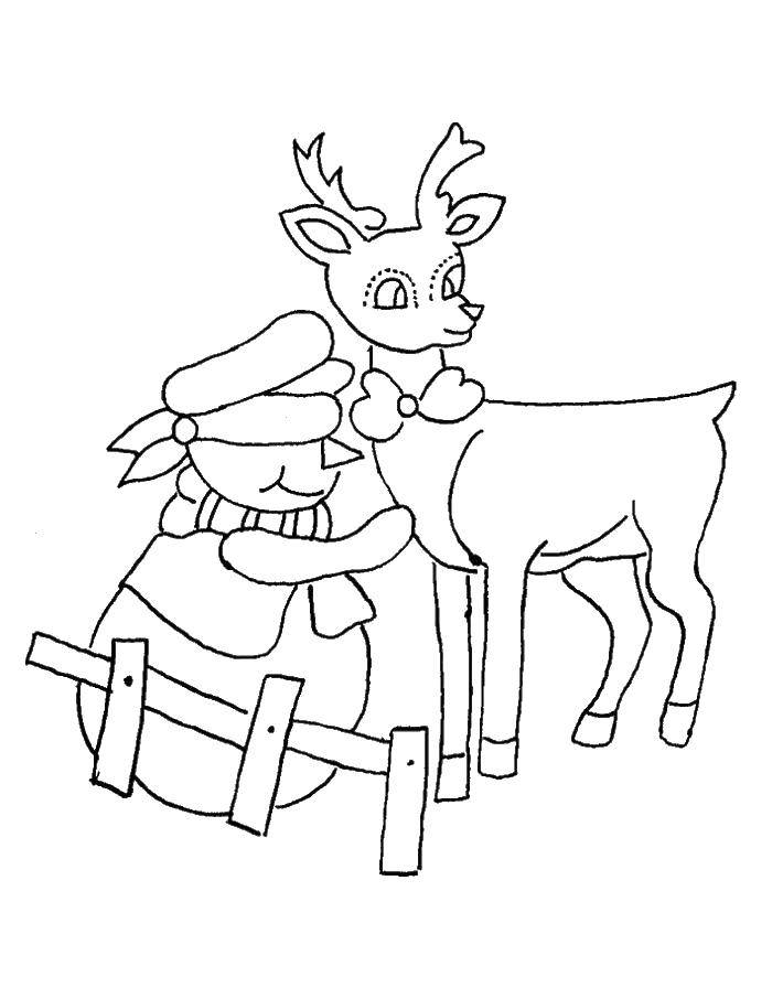 Coloring Deer and snowman. Category Christmas decorations. Tags:  Snowman, snow, winter.