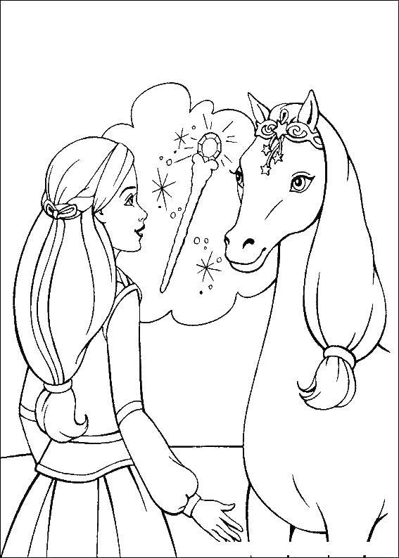 Название: Раскраска Принцесса и лошадка. Категория: Принцессы. Теги: принцесса, сказка, лошадка.