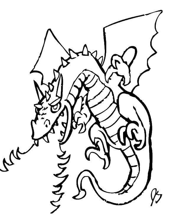 Coloring Dragon spewing flames. Category Dragons. Tags:  Dragons, flames.