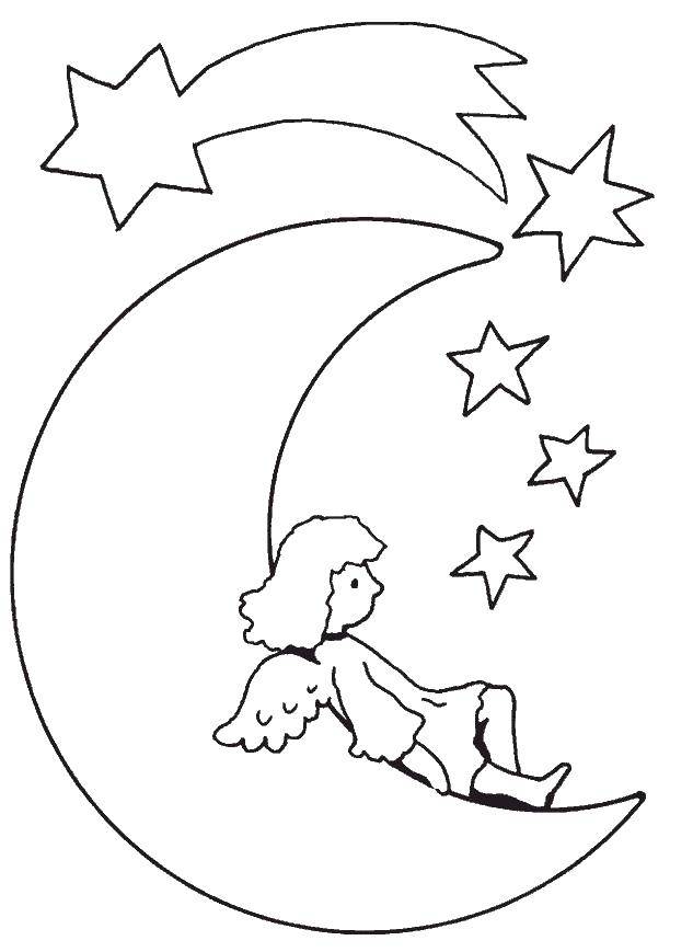 Coloring The moon, the stars and the angel. Category coloring. Tags:  month, star, angel.
