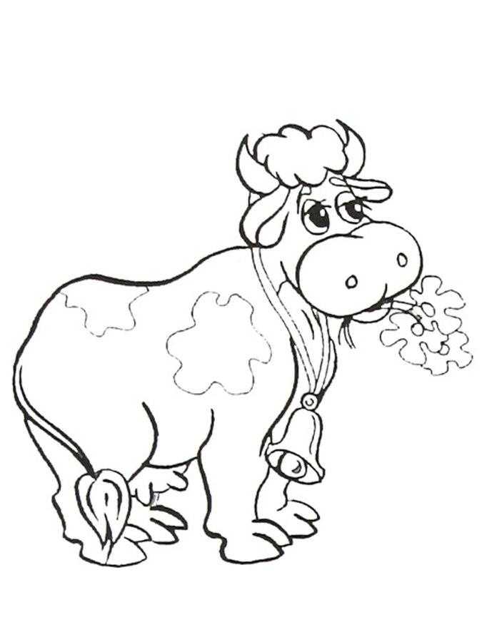 Название: Раскраска Корова с колокольчиком жует цветочки. Категория: домашние животные. Теги: корова, цветы, колокольчик.