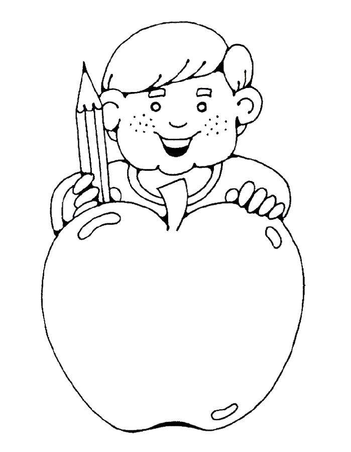 Название: Раскраска Мальчик нарисовал яблоко. Категория: яблоко. Теги: яблоко, фрукты.