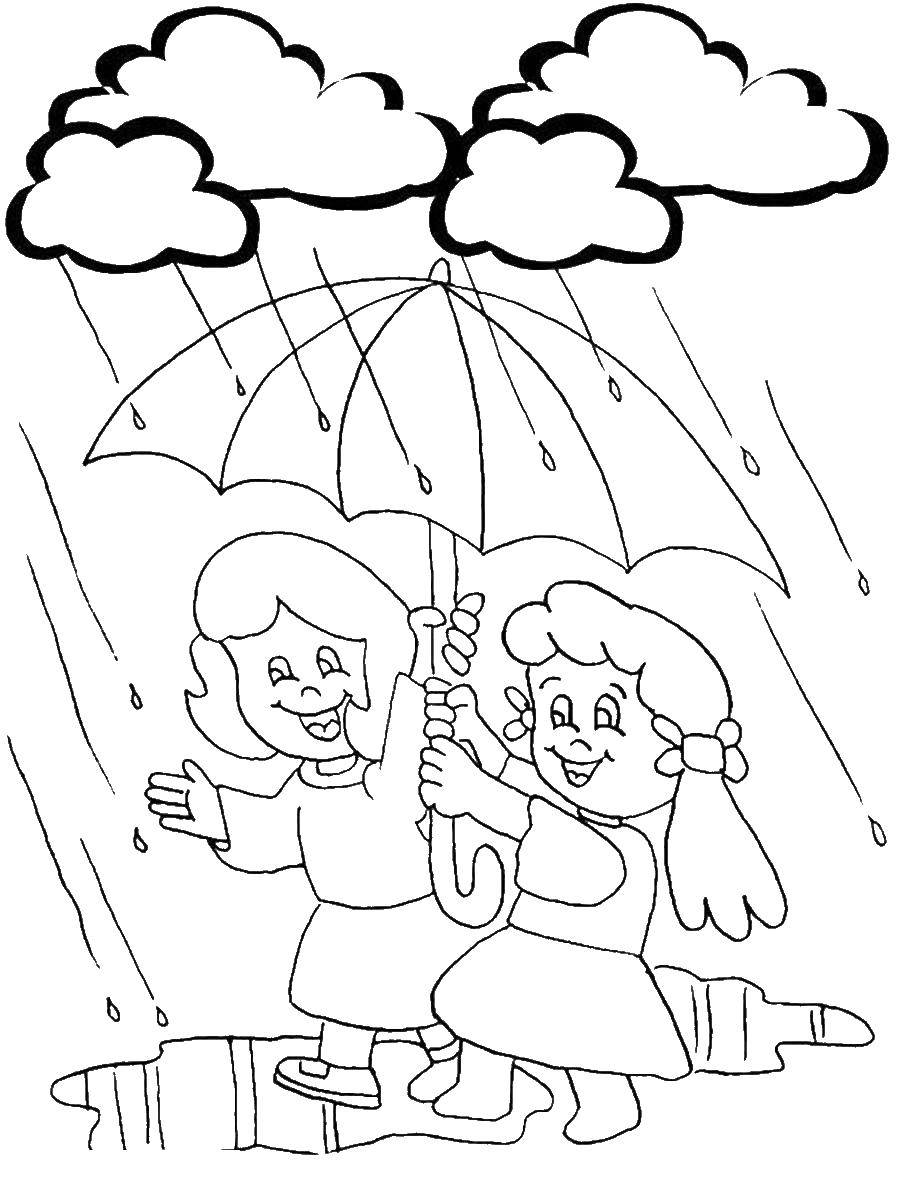 Coloring The children go under the umbrella. Category rain. Tags:  rain, umbrella.