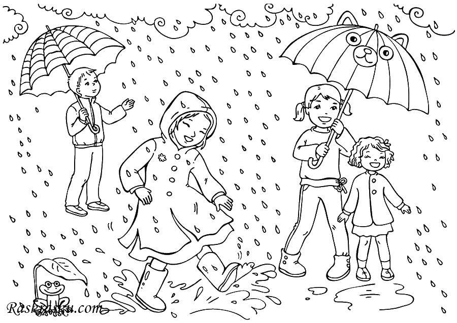 Название: Раскраска Дети под дождьем. Категория: раскраски для маленьких. Теги: дети, дождь.