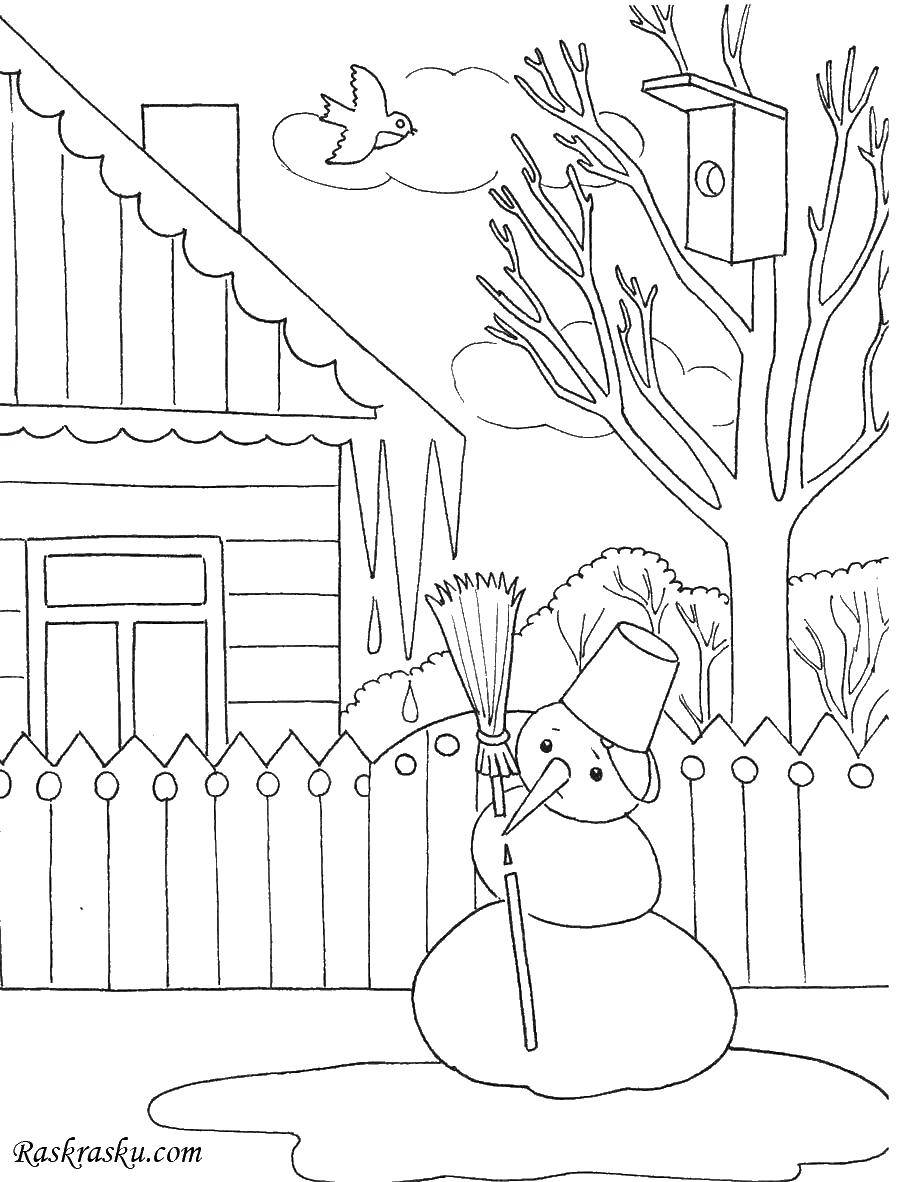 Название: Раскраска Снеговик тает. Категория: раскраски для маленьких. Теги: снеговик, скворечник, дом.