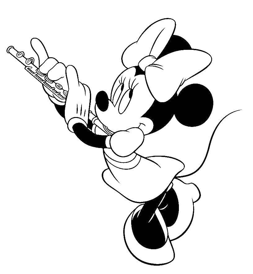Coloring Minnie mouse plays the flute. Category Mickey mouse. Tags:  Minnie, Mickymaus, flute.