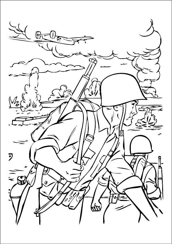 Coloring Soldiers at war. Category military coloring pages. Tags:  Soldier, war.