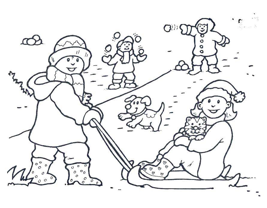 Название: Раскраска Дети играют зима. Категория: раскраски зима. Теги: дети, санка, зима.