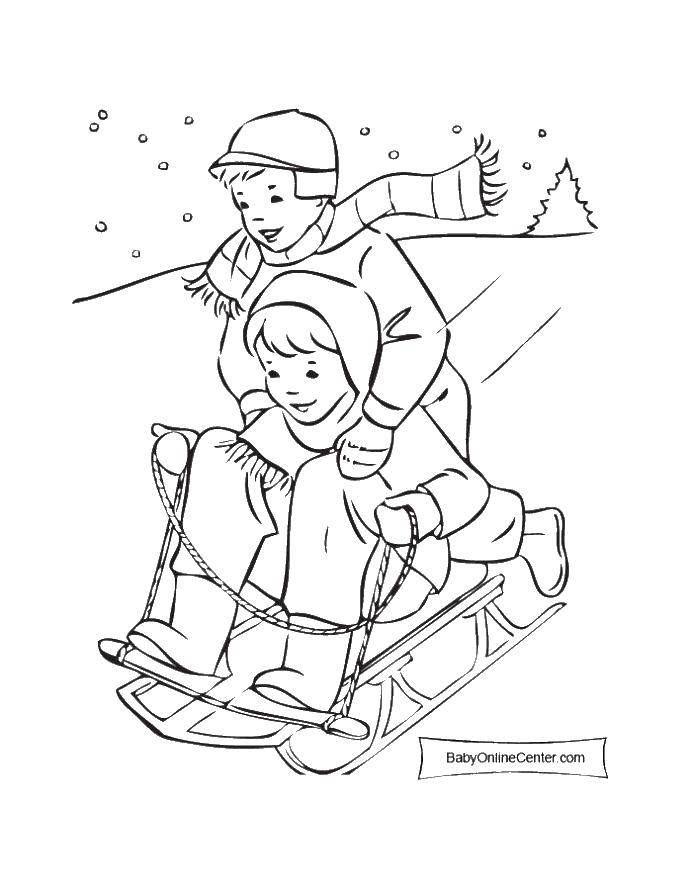 Coloring Children sledding. Category coloring for little ones. Tags:  children, Sankyo.