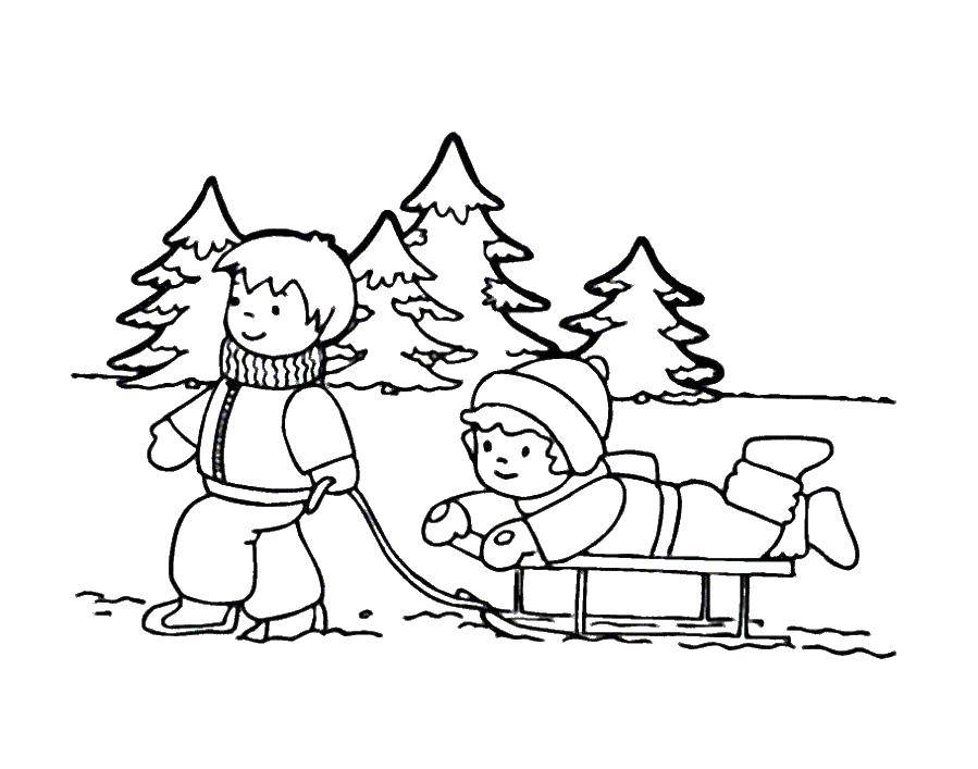 Coloring Children sledding. Category coloring. Tags:  children, Sankyo.
