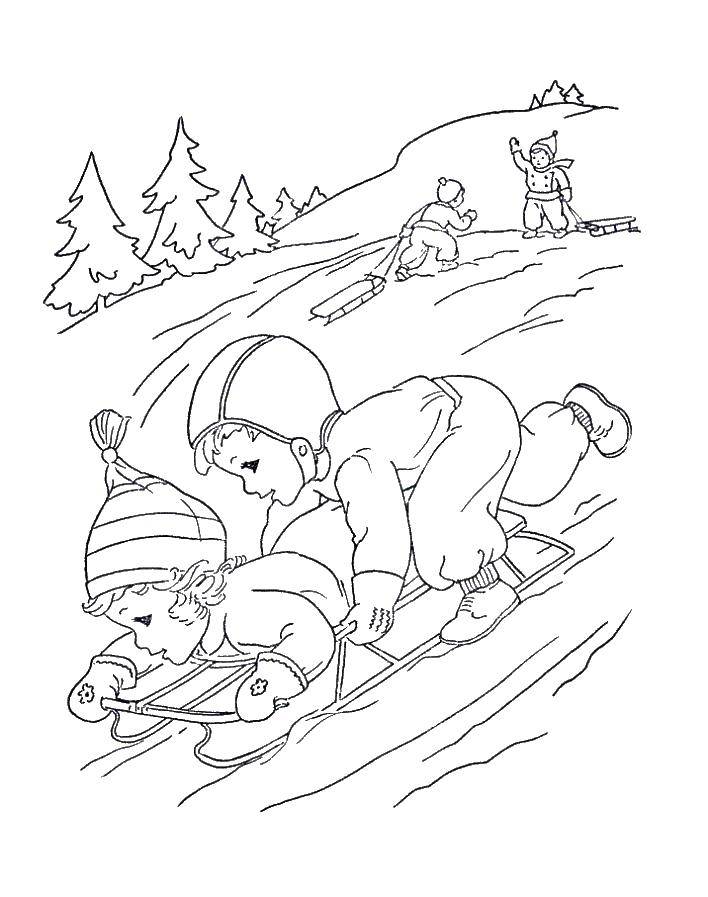 Coloring Children sledding. Category coloring winter. Tags:  winter, Sankyo, children.