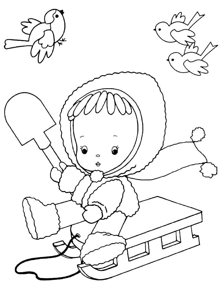 Coloring Girl on a sled. Category coloring pages for girls. Tags:  girl , Sankyo, birds.