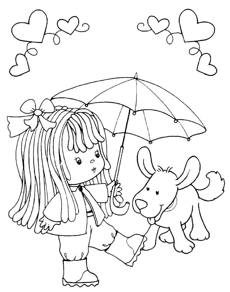 Coloring Girl with umbrellas. Category coloring pages for girls. Tags:  girl, umbrella, dog.