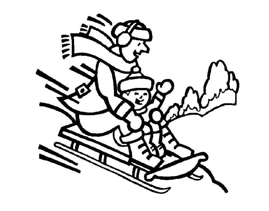 Coloring Father with son on sleigh. Category coloring. Tags:  Sankyo, father, son.