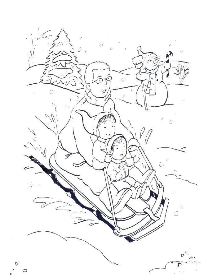 Название: Раскраска Папа с детьми. Категория: Семья. Теги: дети, папа, снеговик, санка.