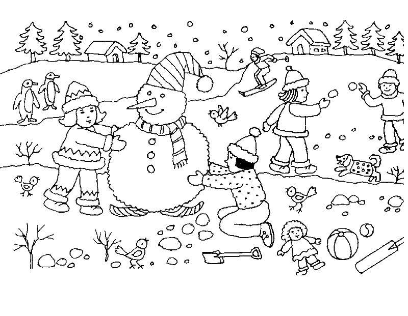 Раскраска Дети лепят снеговика Скачать ,снеговик, зима, новый год,.  Распечатать 