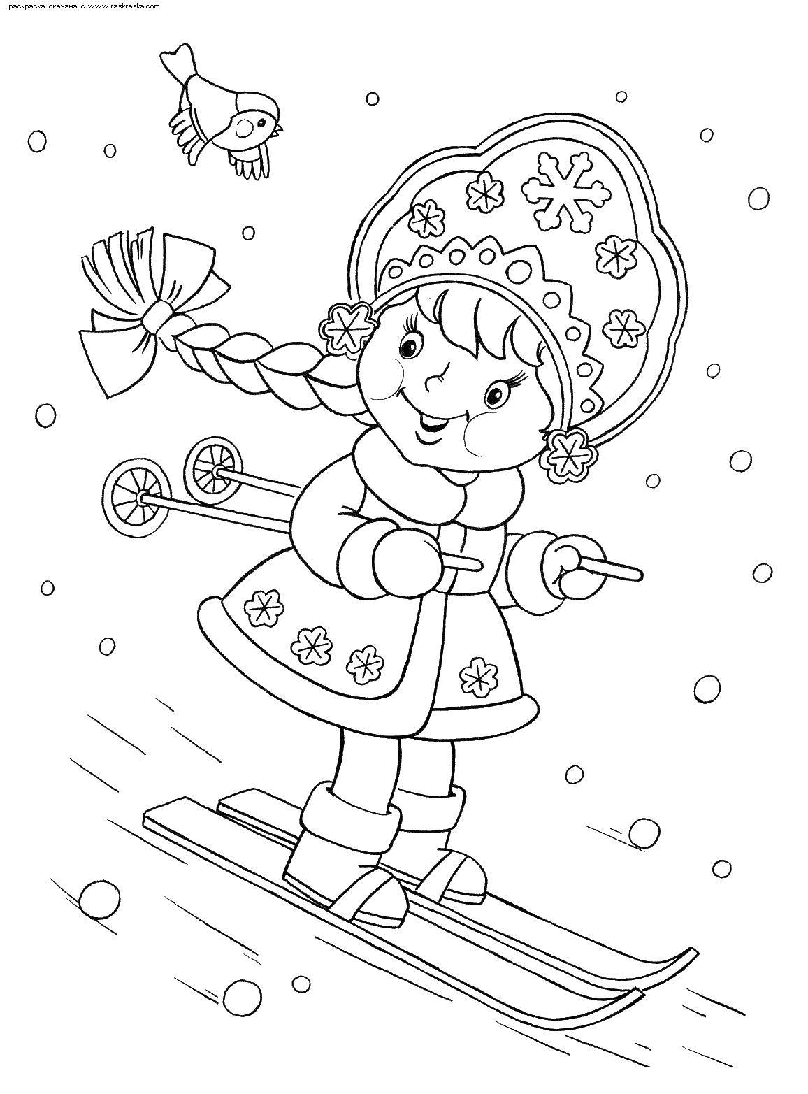 Розмальовки  Снігуронька катається на лижах. Завантажити розмальовку снігуронька, лижі.  Роздрукувати ,лижі,