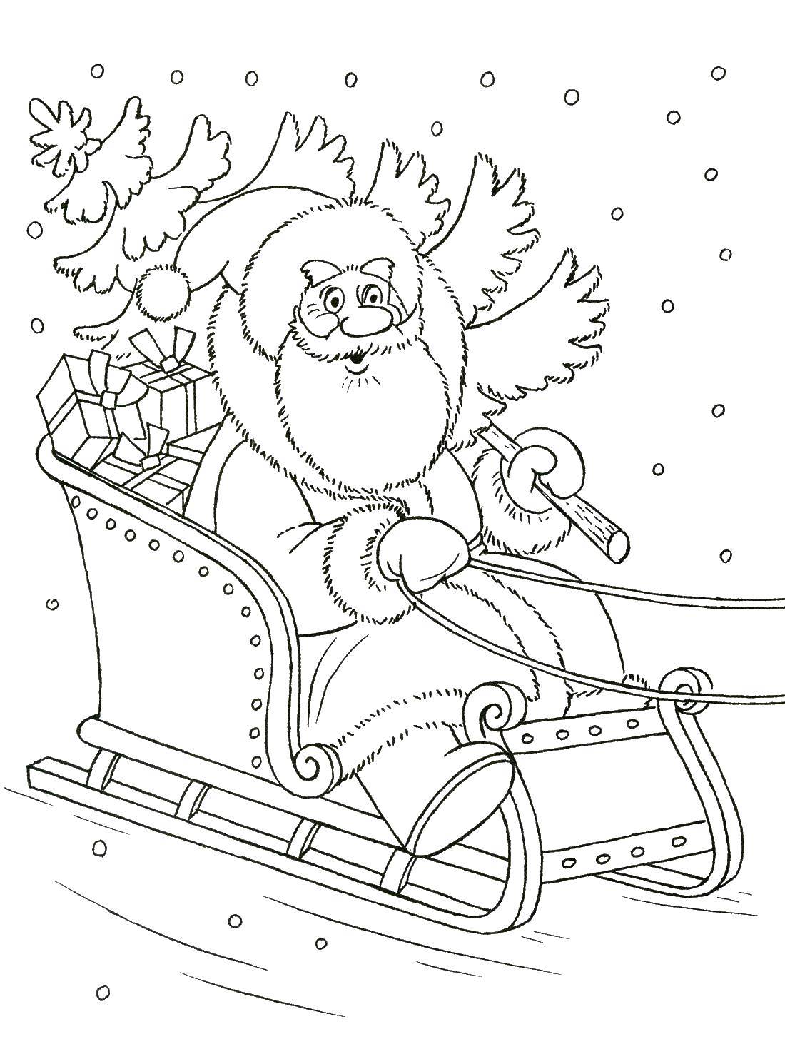 Название: Раскраска Дед мороз на санях. Категория: дед мороз. Теги: Дед мороз, санки.