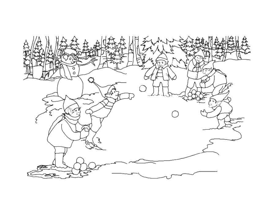 Название: Раскраска Дети играют в снежки. Категория: дети. Теги: дети, снег, снеговик.