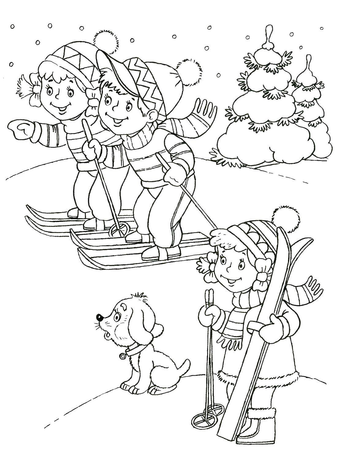 Название: Раскраска Дети на лыжах. Категория: лыжи. Теги: дети, лыжи, щенок.