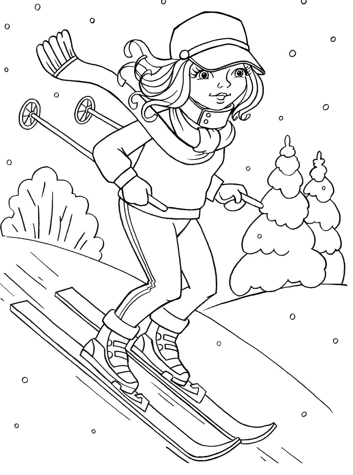Название: Раскраска Девушка на лыжах. Категория: лыжи. Теги: девушка, лыжи, зима.