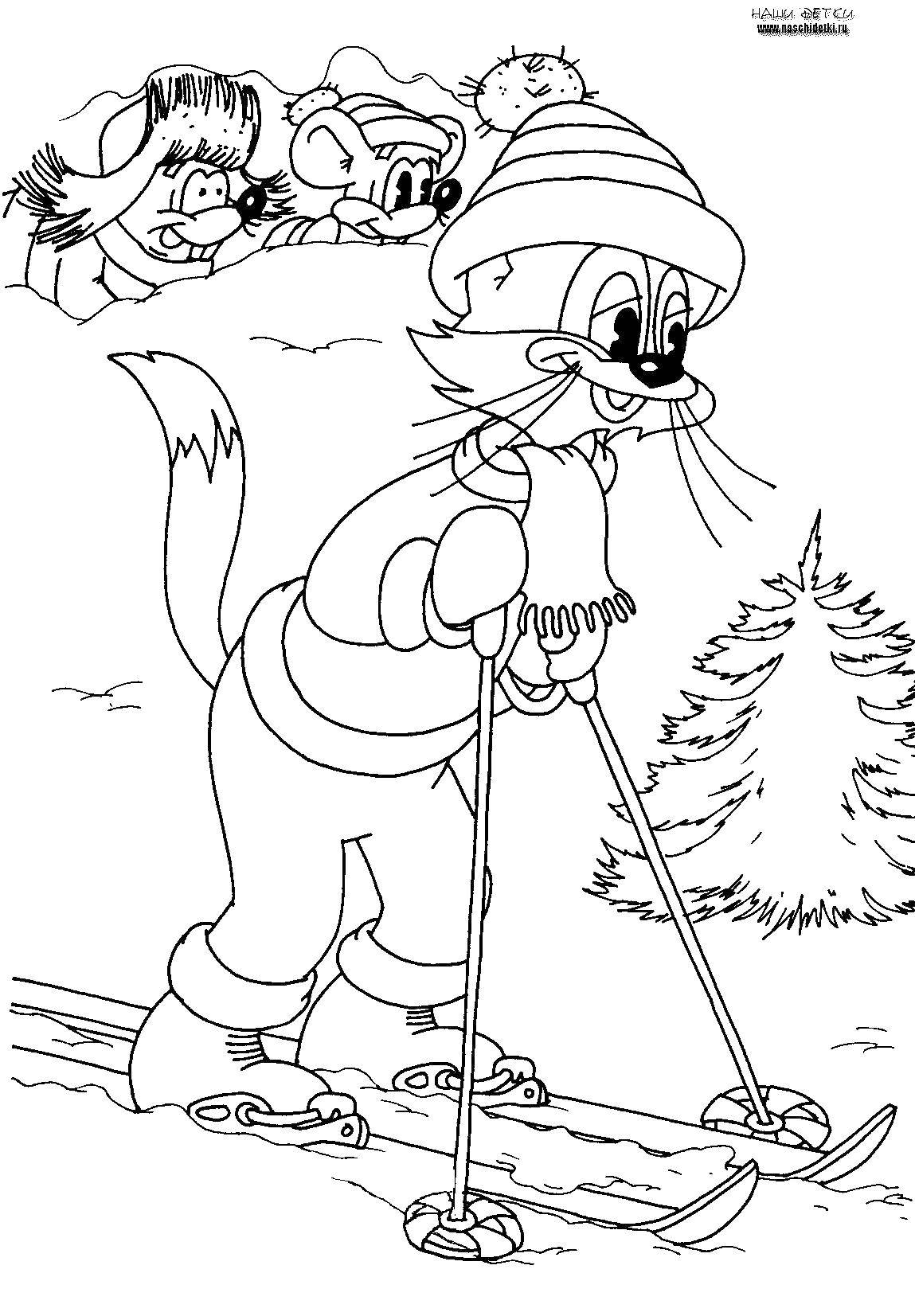 Название: Раскраска Леопольд на лыжах. Категория: Персонаж из мультфильма. Теги: кот, лыжи.