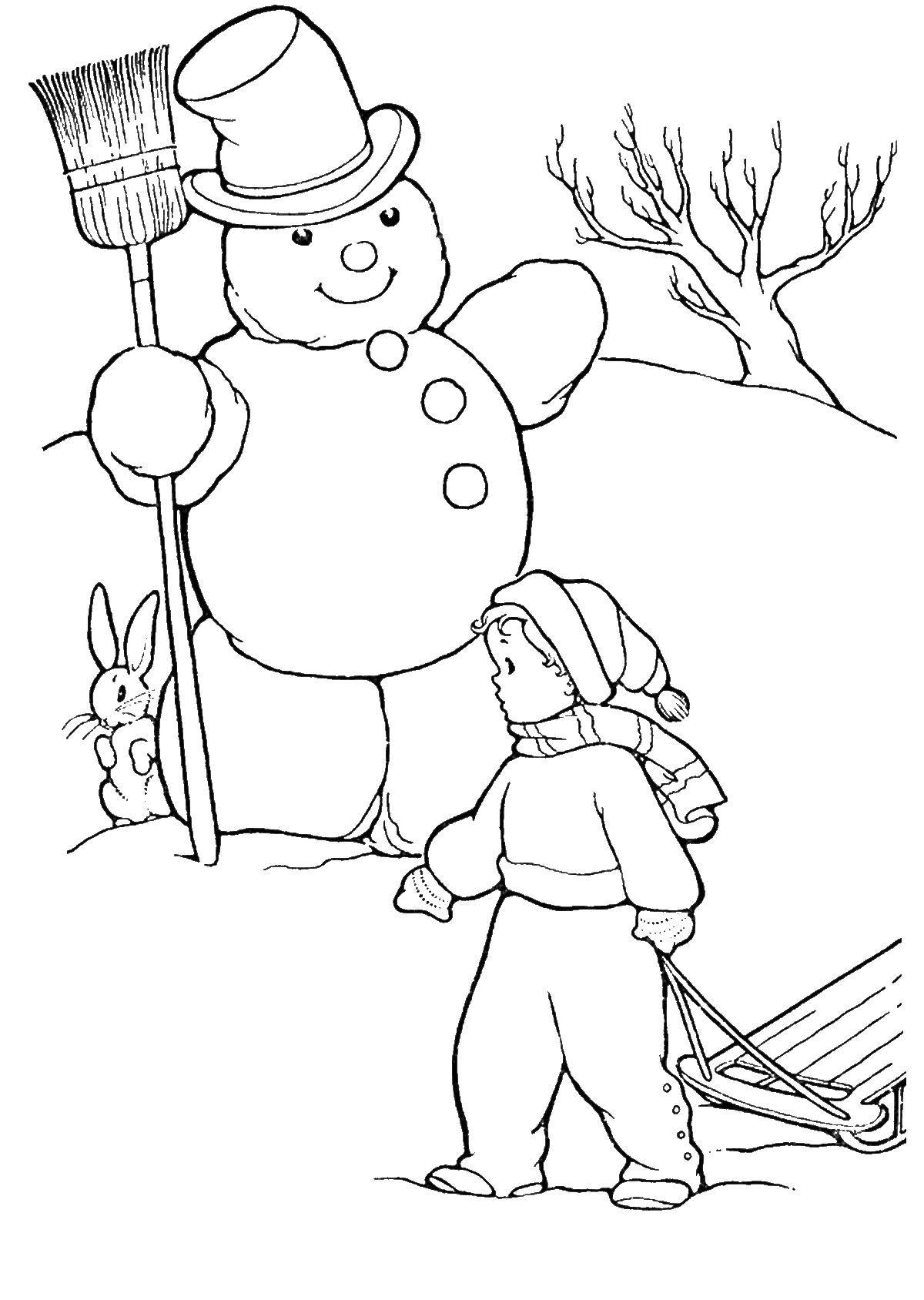 Название: Раскраска Мальчик с санками и снеговик. Категория: снеговик. Теги: снеговик, дети.