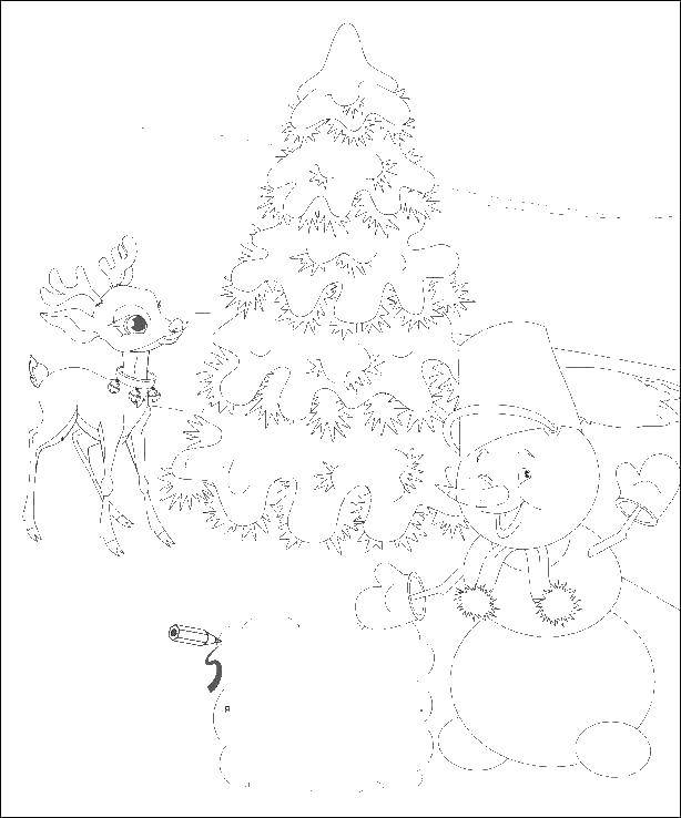 Название: Раскраска Снеговик с подарками у елки. Категория: снеговик. Теги: снеговик, зима, новый год.