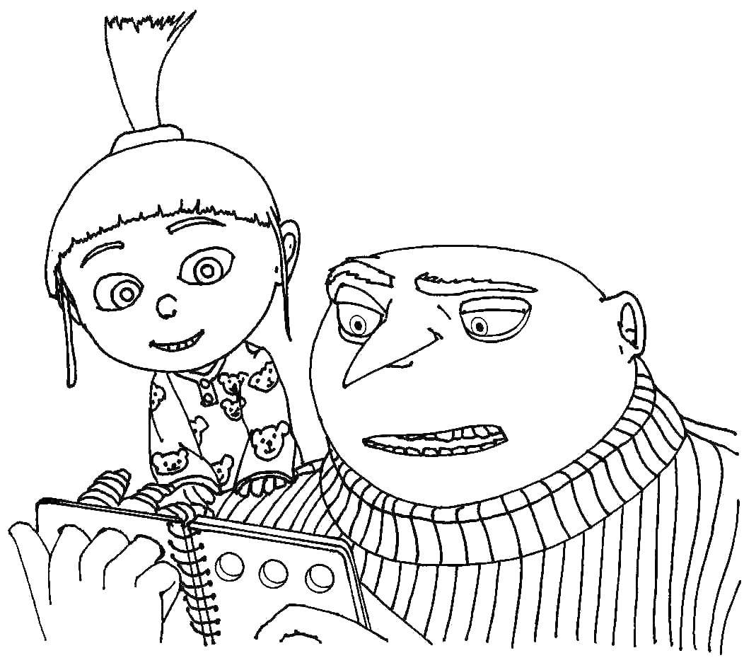 Название: Раскраска Грю и агнес. Категория: Персонажи из мультфильма. Теги: грю, агнес, миьоны.