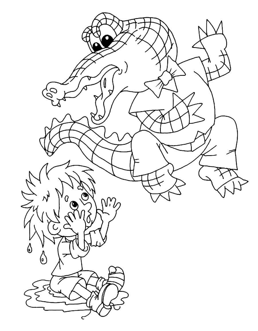 Название: Раскраска Мальчик и крокодил. Категория: раскраски для маленьких. Теги: мальчик, крокодил.