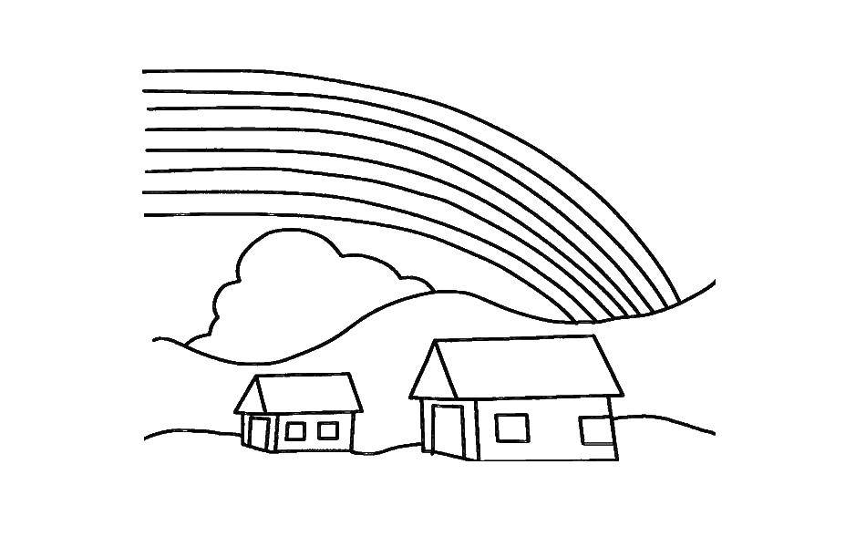Название: Раскраска Радуга над домами. Категория: Радуга. Теги: радуга, солнце.