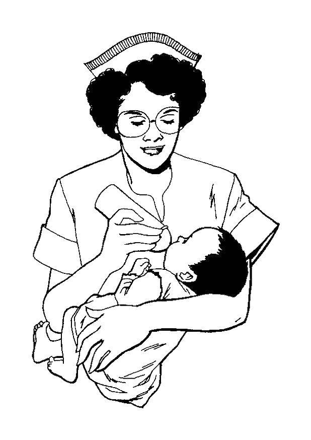 Название: Раскраска Медсестра кормит ребенка. Категория: Медицинские раскраски. Теги: медсестра, лекарства, ребенок.