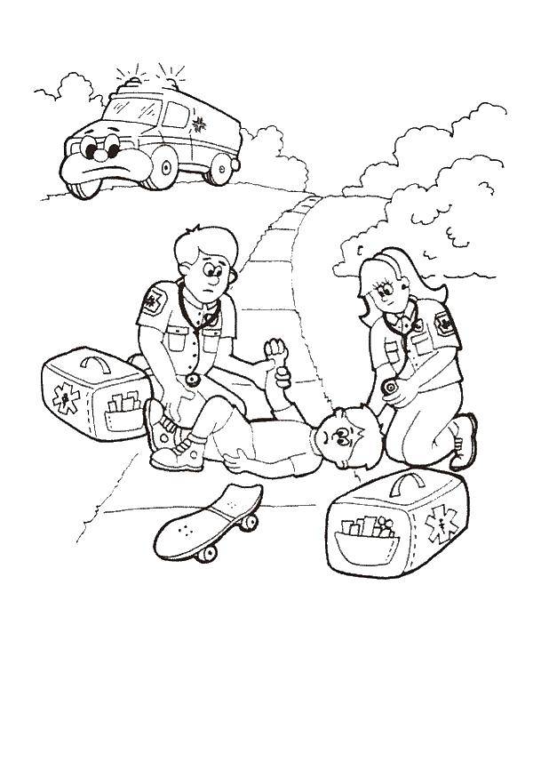 Coloring The ambulance helps the boy. Category Medical coloring pages. Tags:  Ambulance, car.