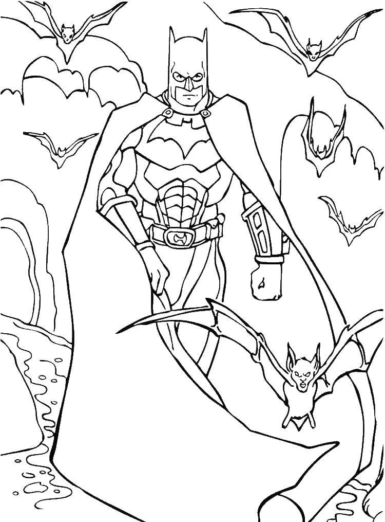 Название: Раскраска Бэтмен в пещере. Категория: супергерои. Теги: Бэтмен, супергерои, летучие мыши.